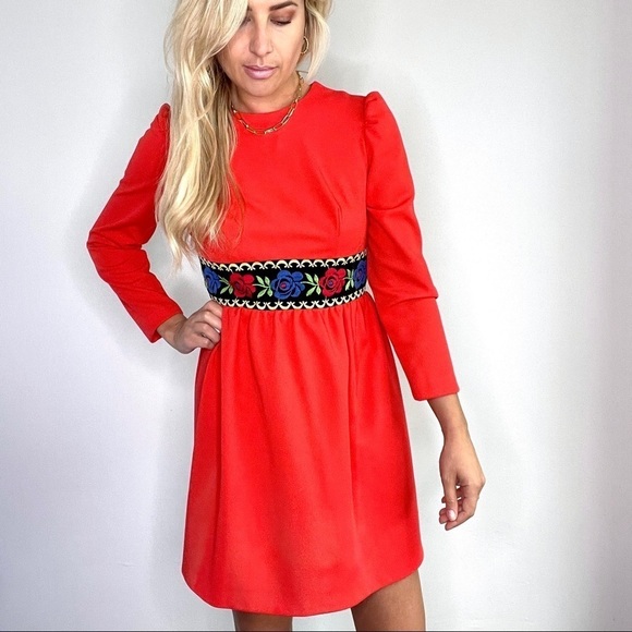 Vintage Red Embroidered Waist Long Sleeve Dress - Picture 1 of 14
